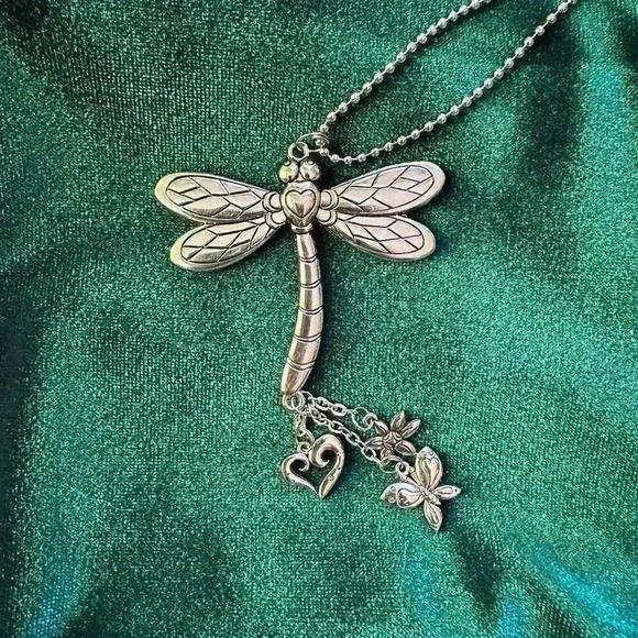 Artisan Jewelry - Silver Dragonfly Keychain with Heart, & Flower Charms